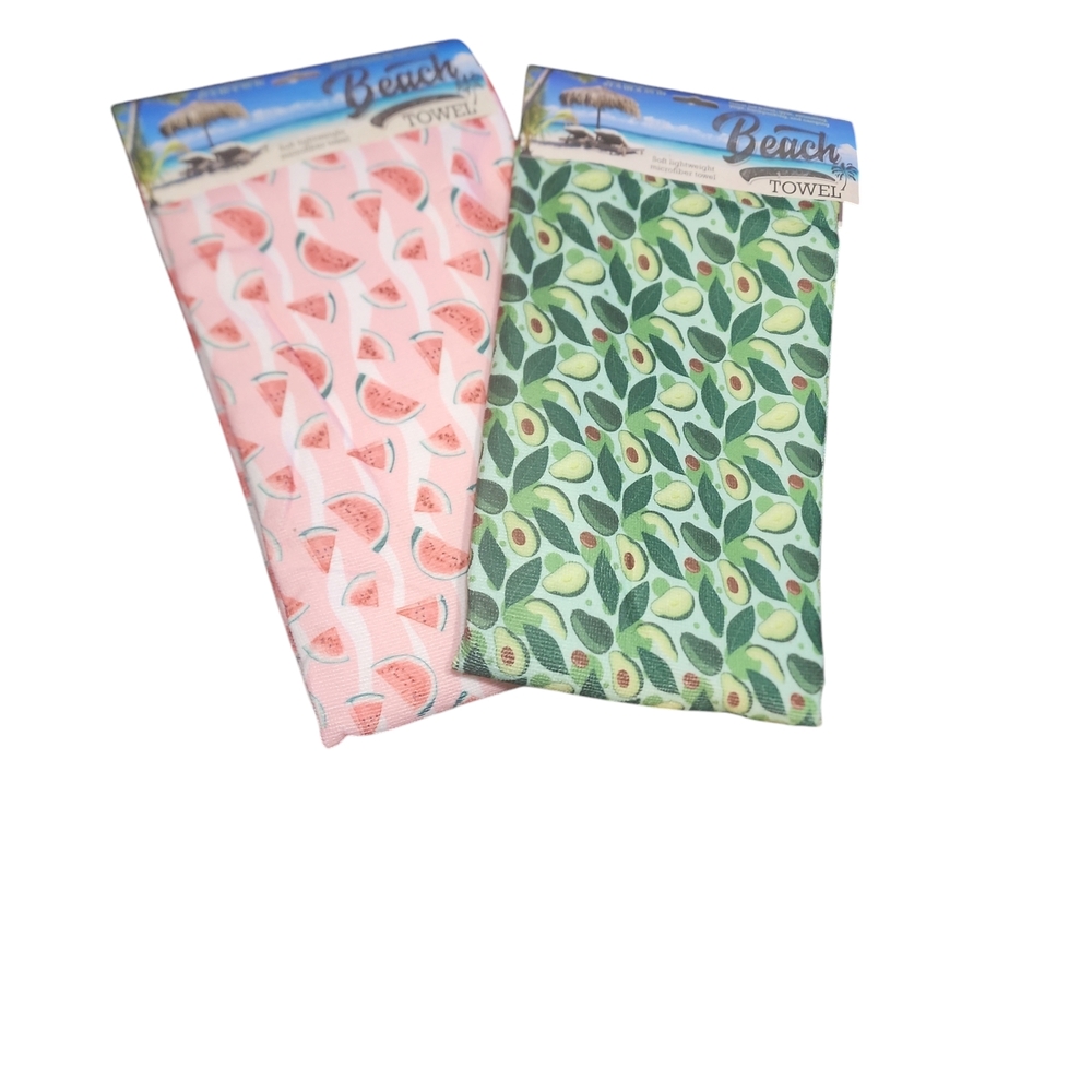 2 pc Beach Towel Set Watermelon and  Avocado Prints Microfiber